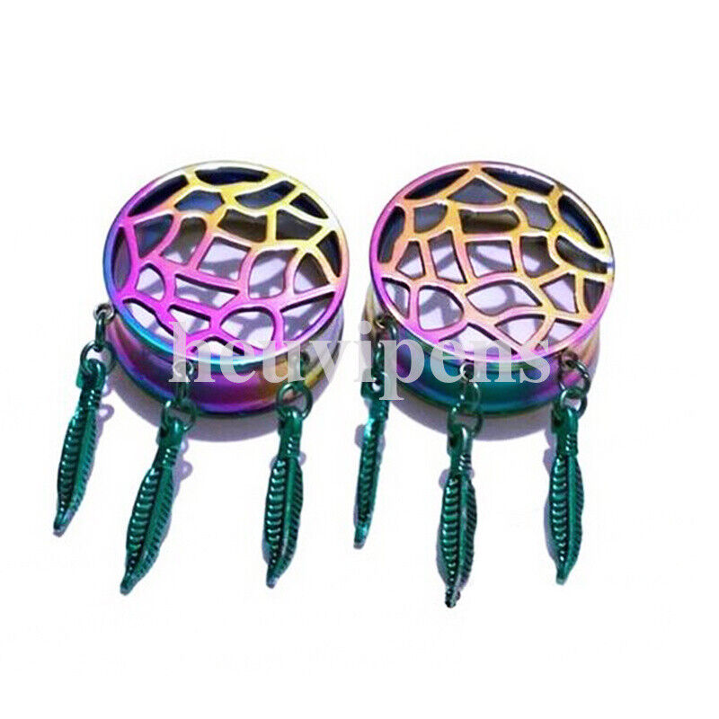 2pc Dreamcatcher Hollow Steel Dangle Screw Saddle Flesh Tunnel Ear Plug Feather