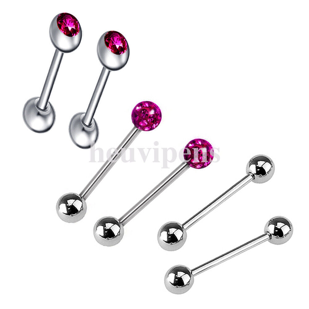 6pc Set Steel CZ Crystal Ball Barbell Bar Tongue Ring Studs Nipple Body Piercing