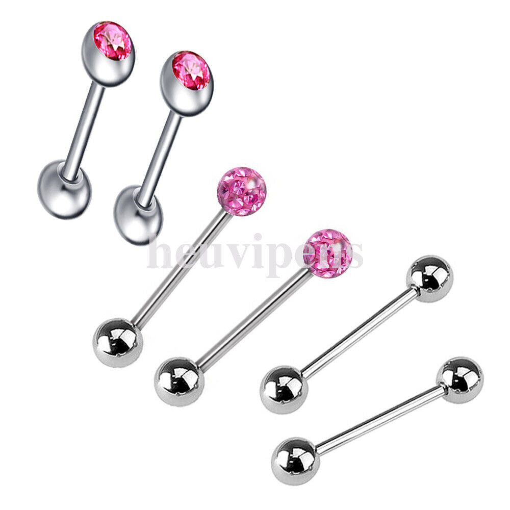 6pc Set Steel CZ Crystal Ball Barbell Bar Tongue Ring Studs Nipple Body Piercing