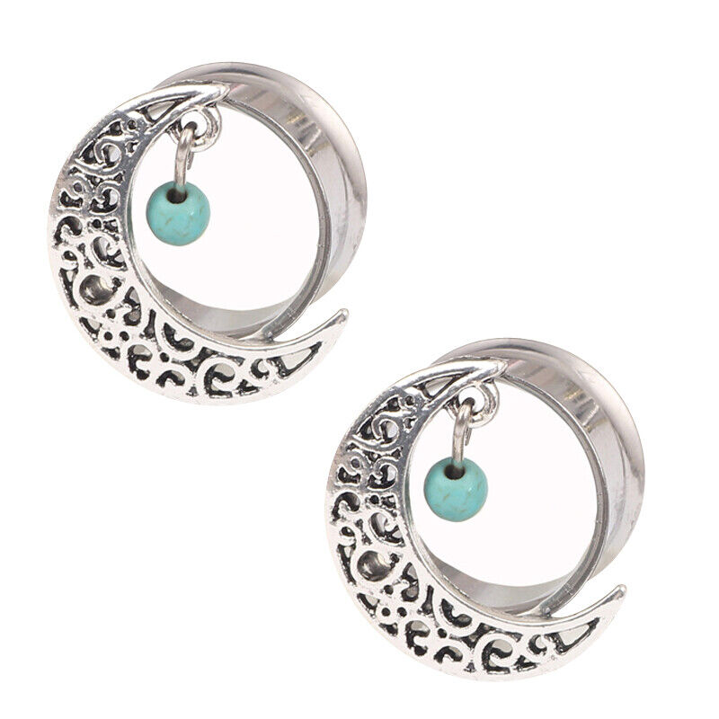 1 Pair Surgical Steel Moon Turquoise Double Flare Flesh Tunnel Ear Plug Expander