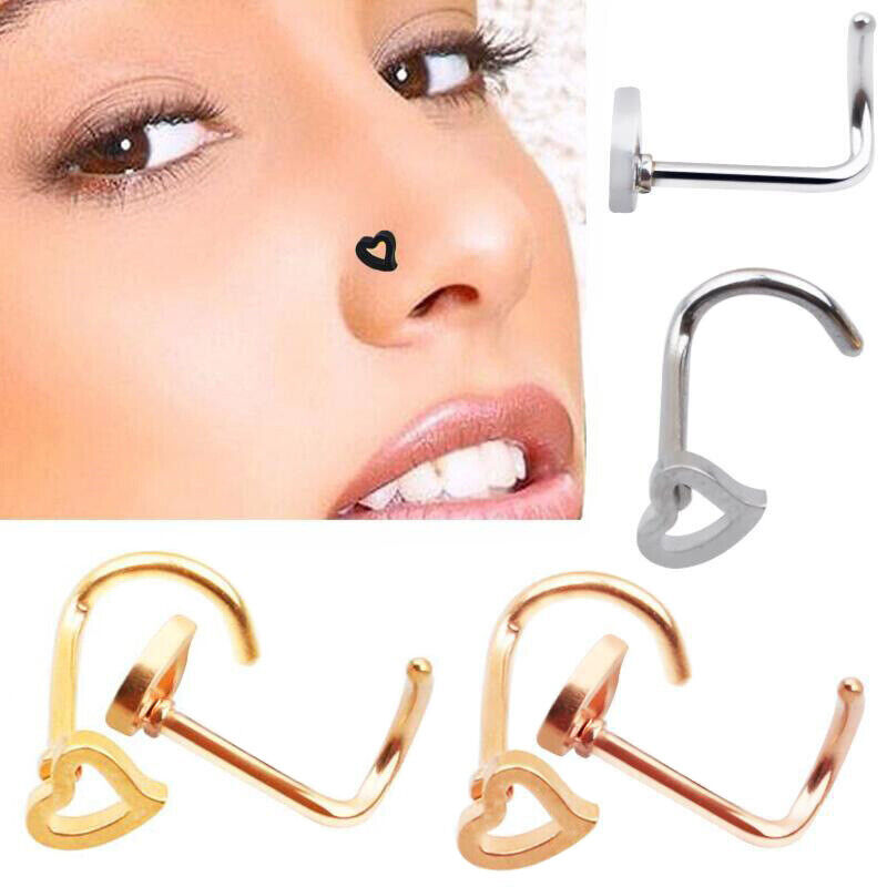 Surgical Steel Love Heart Nose Stud Bar Pin Ring Screw Body Piercing Jewelry