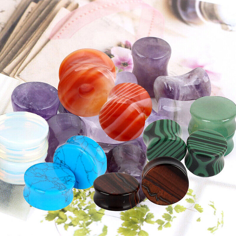 Pair Semi Precious Stone Ear Plug Organic Flesh Tunnel Expander Stretcher Taper