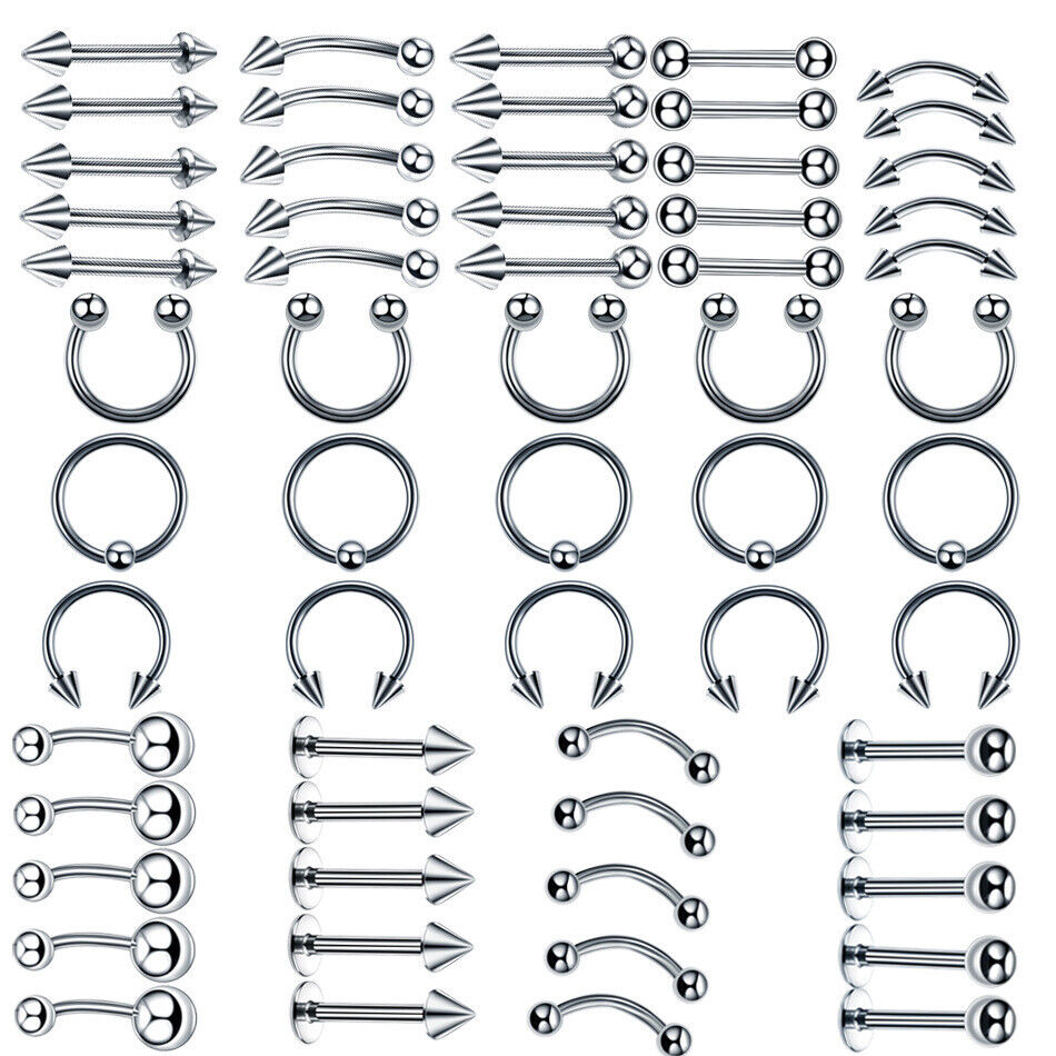 55X Steel Varies Kind Piercing Ear Labret Nose Tongue Navel Body Jewellery Set