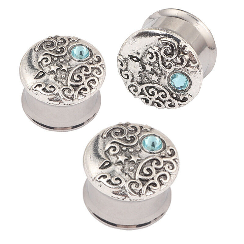 1 Pair Surgical Steel Moon Turquoise Double Flare Flesh Tunnel Ear Plug Expander