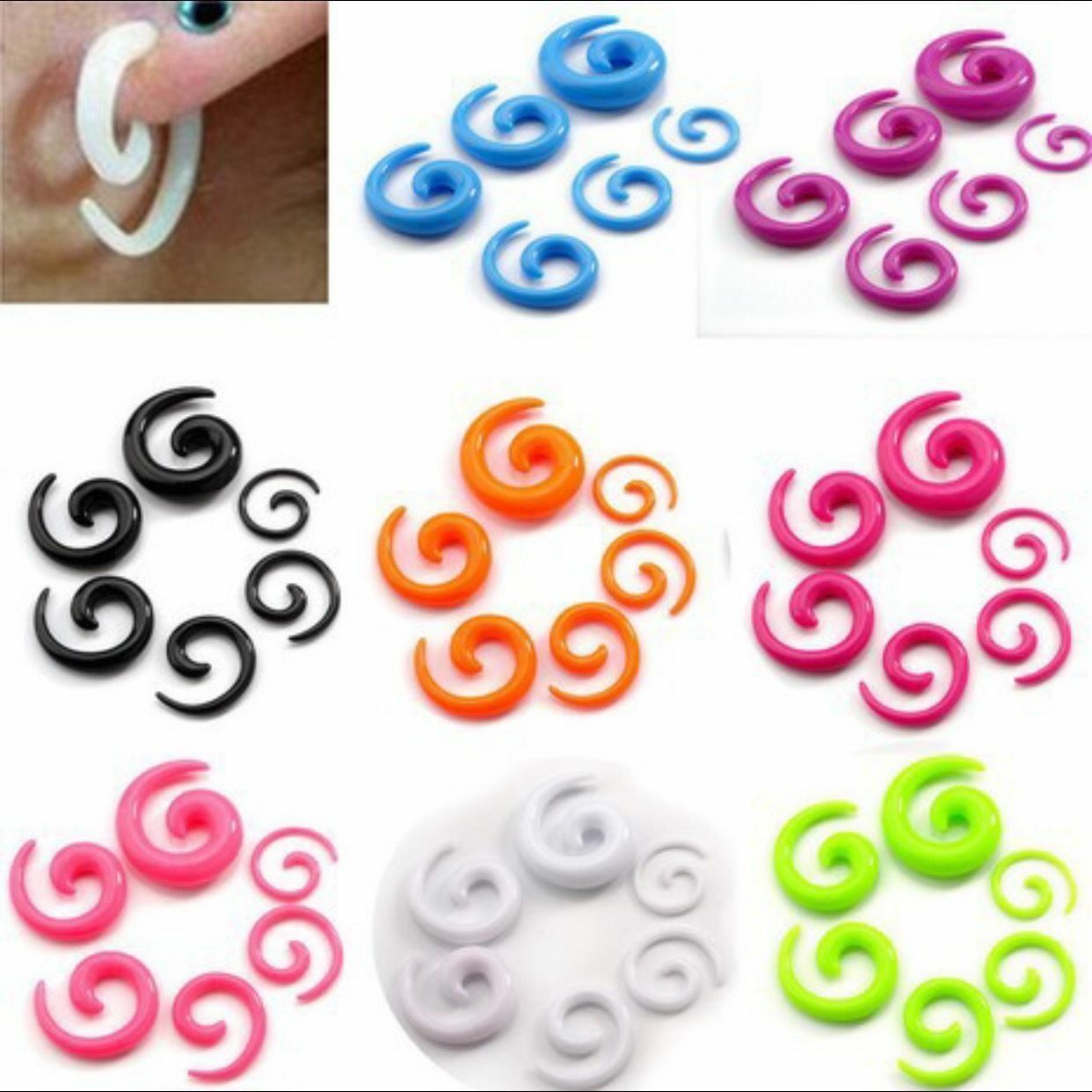 16pc 1.6MM-10MM Set Snail Spiral Acrylic Hook Taper Ear Plug Expander Stretching Kit