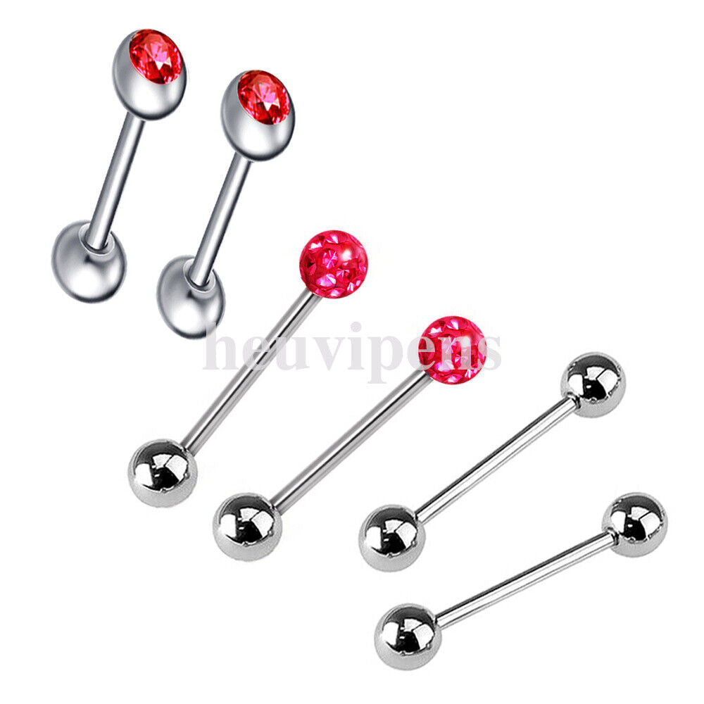 6pc Set Steel CZ Crystal Ball Barbell Bar Tongue Ring Studs Nipple Body Piercing