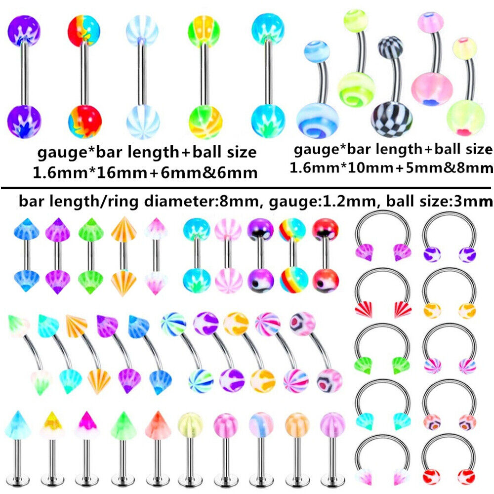 50X Acrylic Varies Kind Piercing Ear Labret Nose Tongue Navel Body Jewellery Set