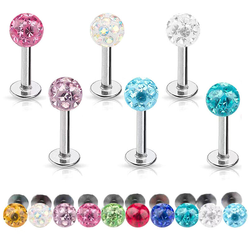 5X 16G MULTI CZ CRYSTAL Ball Monroe Lip Stud LABRET Bar Tragus Steel Piercing