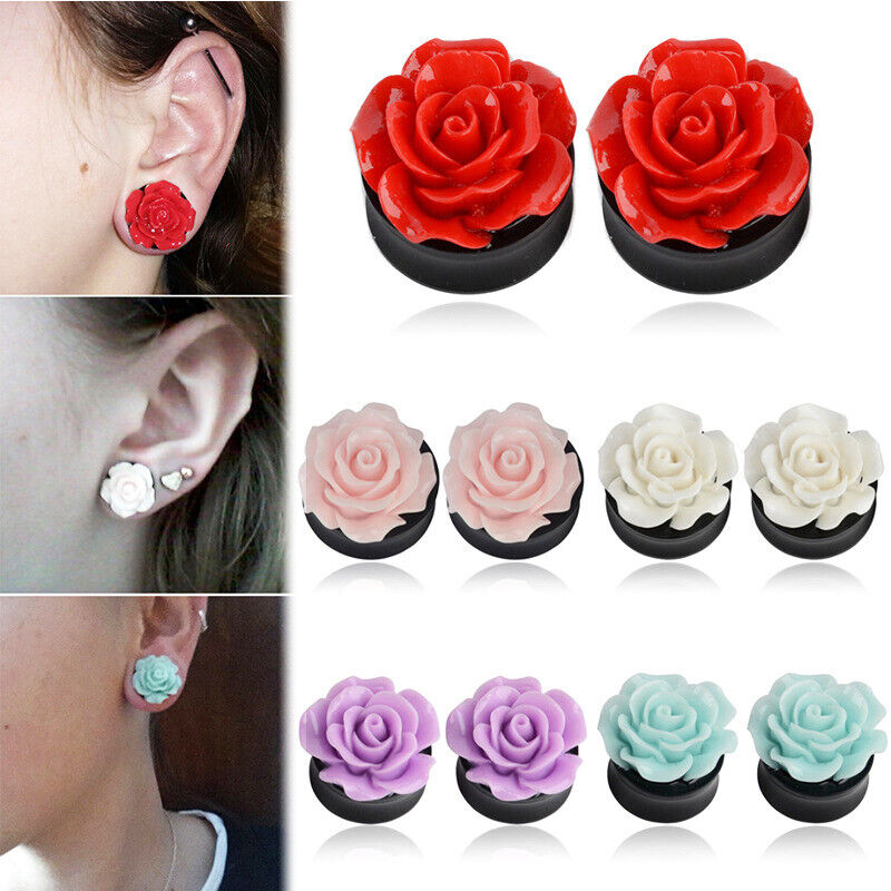 Pair Fancy Rose Acrylic Flare Saddle Ear Plug Gauge Flesh Tunnel Stretcher Trumpet