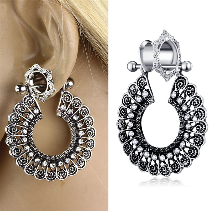 1 Pair Surgical Steel Dangle Bohemia Floral Flesh Tunnel Double Flared Ear Plug