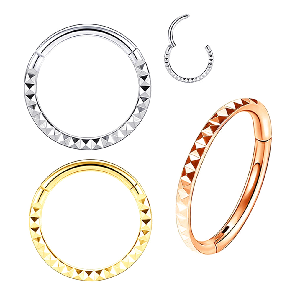 Titanium Steel Nose Ring Front & Side Embossing Hinge Clicker Hoop Ear Piercing