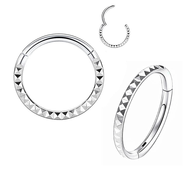 Titanium Steel Nose Ring Front & Side Embossing Hinge Clicker Hoop Ear Piercing