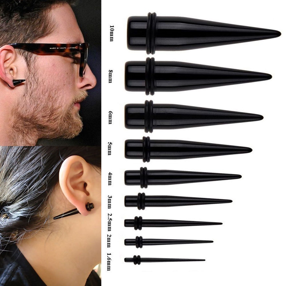 2pc Black Acrylic Ear Taper Stretching Kit Plug Stretcher Expander Spike O-Ring